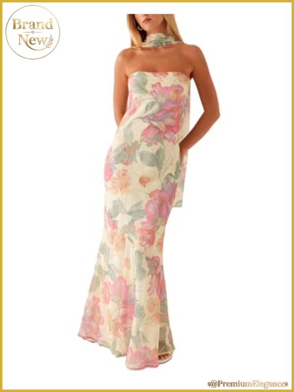 Strapless Floral Maxi Dress with Scarf Mesh Tube Summer Wedding Guest